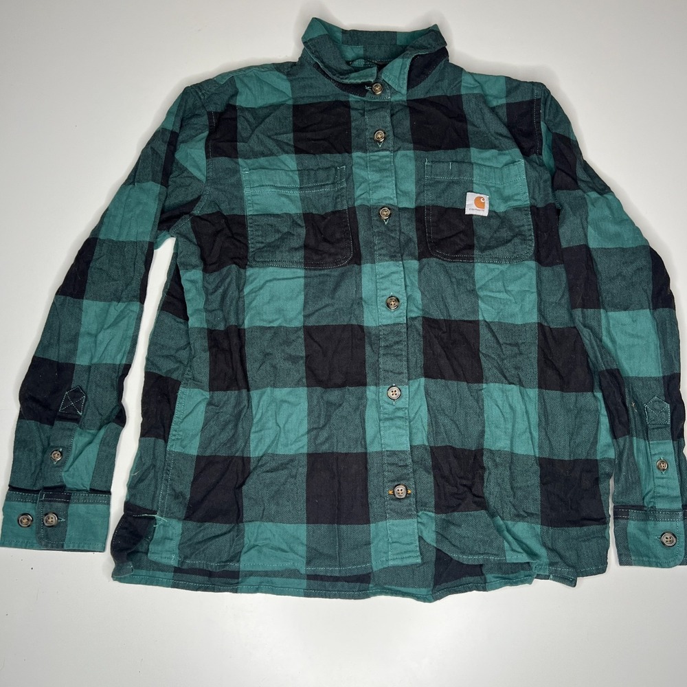 Carhartt Kids Rugged Flex Flannel Shirt Green Black Buffalo Plaid Medium 8-10